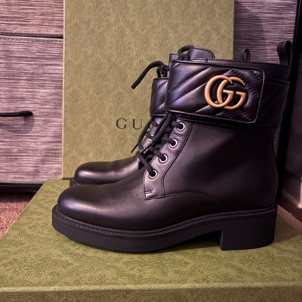 Gucci Black Lace-Up Leather Boots with Gold Logo
